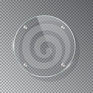 Glass circle shape plate isolated on transparent background. Vector realistic round acrylic frame with steel rivets