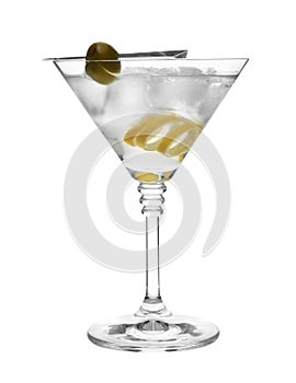Glass of classic martini cocktail with ice cubes, lemon zest and olive