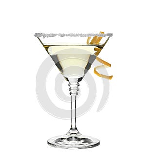 Glass of classic martini cocktail with lemon zest