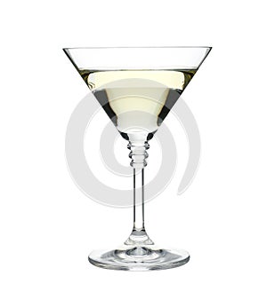 Glass of classic martini cocktail on white