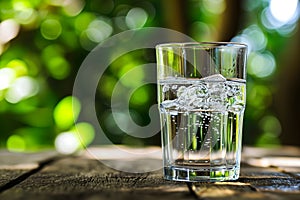 glass of clean drinking water with selective sharp focus on wooden table with blurry green foliage at sunny day