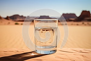 Glass of clean water in desert sand drought climate change global warming concept