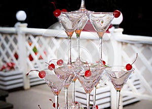 Glass clear champagne set mountain part celebration wedding light drink in front of a banquet catering outside