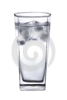 Glass with clear water and ice cubes.
