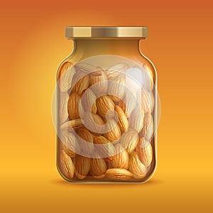 Glass closed jar with almonds close-up. Realistic vector illustration for packaging design, branding, label. EPS10