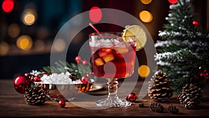 Glass with cocktail, Christmas, holiday background banner beverage drink party