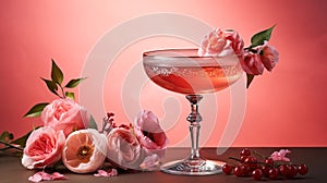 Glass with cocktail on a festive background with flowers and roses. Romantic Valentine's Day celebration