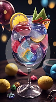 glass of cocktail with fruits decorations, glass of cocktail, cocktail in the bar, cocktail on the table