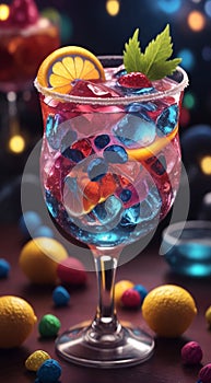 glass of cocktail with fruits decorations, glass of cocktail, cocktail in the bar, cocktail on the table