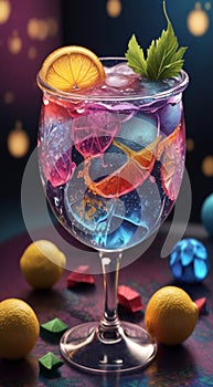 glass of cocktail with fruits decorations, glass of cocktail, cocktail in the bar, cocktail on the table