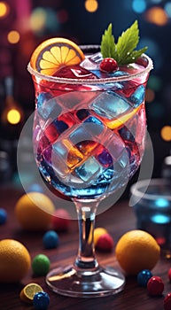 glass of cocktail with fruits decorations, glass of cocktail, cocktail in the bar, cocktail on the table