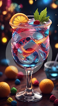 glass of cocktail with fruits decorations, glass of cocktail, cocktail in the bar, cocktail on the table