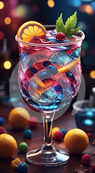 glass of cocktail with fruits decorations, glass of cocktail, cocktail in the bar, cocktail on the table