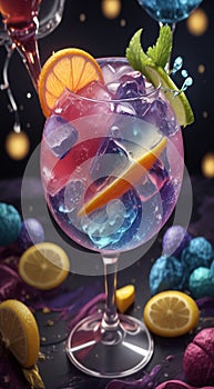 glass of cocktail with fruits decorations, glass of cocktail, cocktail in the bar, cocktail on the table