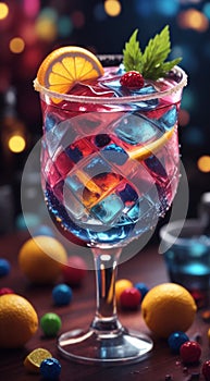 glass of cocktail with fruits decorations, glass of cocktail, cocktail in the bar, cocktail on the table