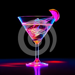 Glass of cocktail in hypnotic neon light. Colorful rave party drink. Selective focus