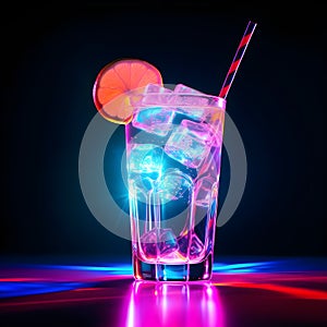 Glass of cocktail in hypnotic neon light. Colorful rave party drink. Selective focus