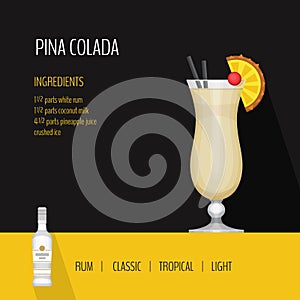 Glass of cocktail pina colada on black background. Cocktail menu