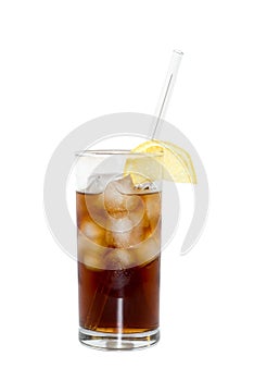 Isolated glass of cocktail or tea with glass drinking straw, ice and lemon. object, beverage.