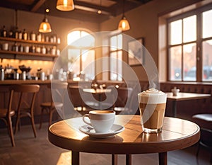 A glass of coffee on a beautiful table in a coffee shop generative ai
