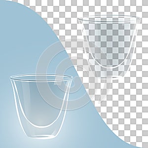 Glass coffee cups on blue, transparent background