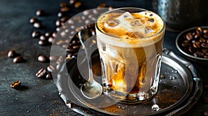 A glass of coffee with ice and beans