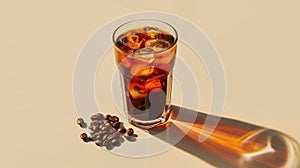 A glass of coffee with ice cubes in it is sitting on a table with coffee beans, Clean composition, Minimal style