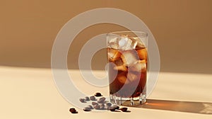 A glass of coffee with ice cubes in it is sitting on a table with coffee beans, Clean composition, Minimal style