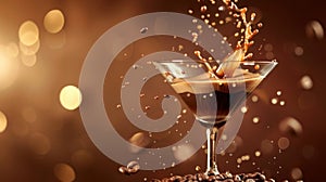 glass of coffee splash with coffee beans with brown bokeh background