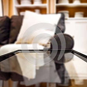 Glass coffee table. Copy empty space for your decoration and products. Home interior background.