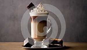 A glass of coffee with whipped cream and a piece of chocolate cake