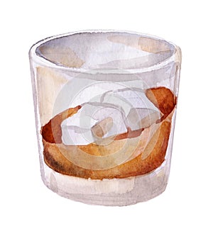 Glass of cognac, scotch or whiskey with ice isolated on white background. Hand drawn watercolor illustration