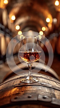 a glass of cognac stands on top of a wooden barrel against the background of a wine cellar with other barrels of cognac