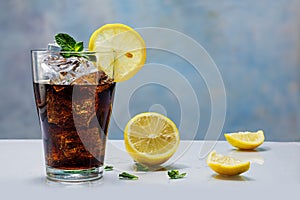 Glass of cola or coke with ice cubes, lemon slice and peppermint