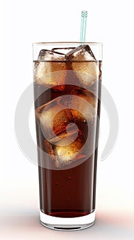 A glass of cola with ice cubes and isolated white background