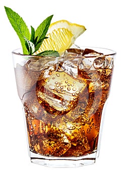 Glass of cola with ice, mint and lemon isolated on white. Clipping path photo