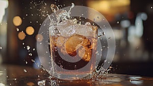 A glass of cola with ice splashing in a dynamic, refreshing scene