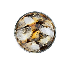 Glass of cola with ice on white background
