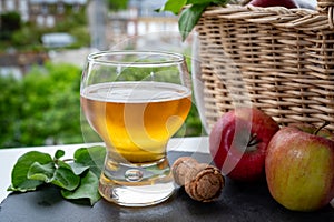 Glass of cold apple cider drink and houses of Etretat village on background, Normandy, France