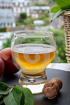 Glass of cold apple cider drink and houses of Etretat village on background, Normandy, France