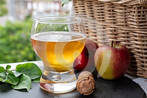 Glass of cold apple cider drink and houses of Etretat village on background, Normandy, France