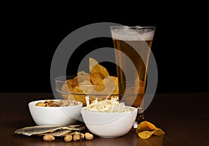 Glass of cold beer and snacks