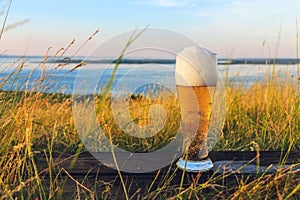 Glass of cold beer at sunset on the background of wheat field and blue sky. Summer landscape. Fresh brewed ale.