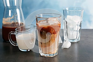 Glass with cold brew coffee and milk