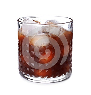 Glass with cold brew coffee on white background