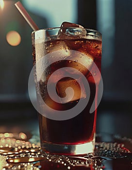 Glass of cold dark fizzy drink with ice cubes, cola or soda beverage on dark background, summer refreshment