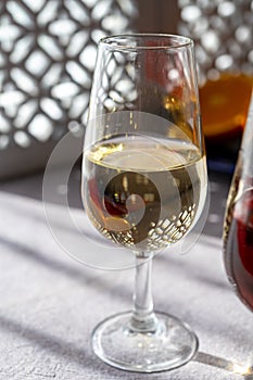 Glass with cold fino sherry fortified wine in sunlights, andalusian style interior on background