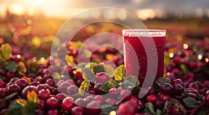 Glass of cold fresh healthy cranberry juice in cranberry harvest plantation field background.Macro.AI Generative