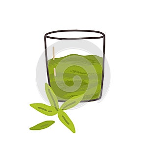 Glass of cold green tea matcha drink. Cold refreshing Japanese beverage. Traditional natural Asian refreshment. Oriental