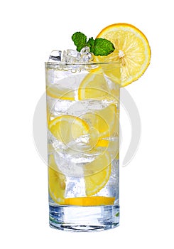 Glass Of Cold lemon Drink with ice isolated on white